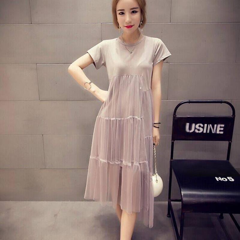 Mid-length Belly Mesh Stitching Dress Summer Dress Plus Size Fat Sister Loose and Thin T-shirt Skirt