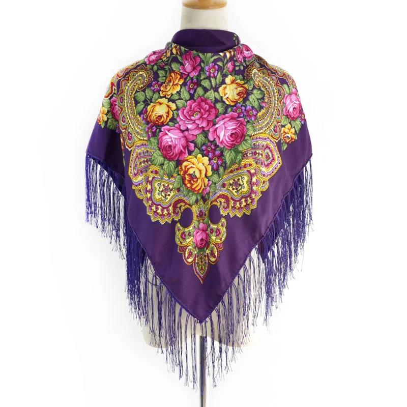 Muslim Women's Autumn Winter Pullover Scarf Cotton Printed Fringe Multifunctional Square Scarf Ethnic Wind Sand-proof Shawl Embroidery Tassels Scarves