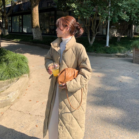 Women's Long Padded Coat Over The Knee Loose Padded Diamond Check Coat