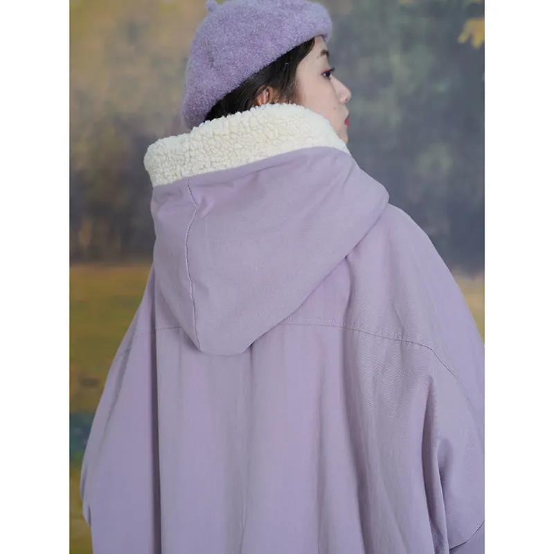 Korean Version of The Loose Padded Jacket for Female Students with Lamb Wool Padded Over-the-knee Padded Jacket