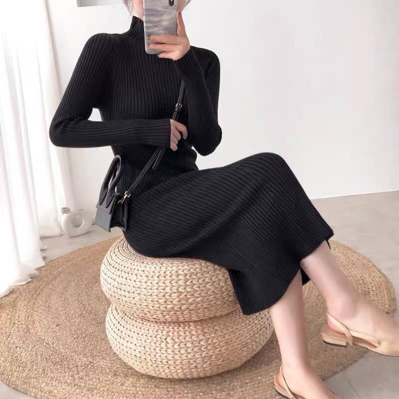 Red Sexy Dress Women's Slim Fit V-neck Mid-length Base Sweater Long Skirts Over-the-Knee Tight-Fit