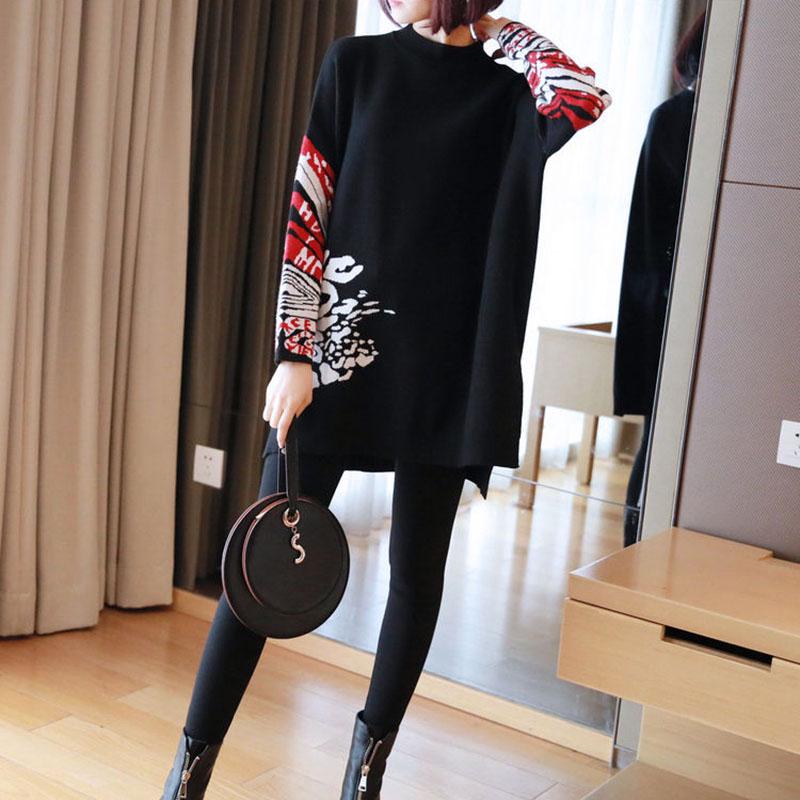 Vintage Printed Knitted Sweater Women Loose Bottoming Sweater Autumn and Winter Asymmetric Pullover Sweater