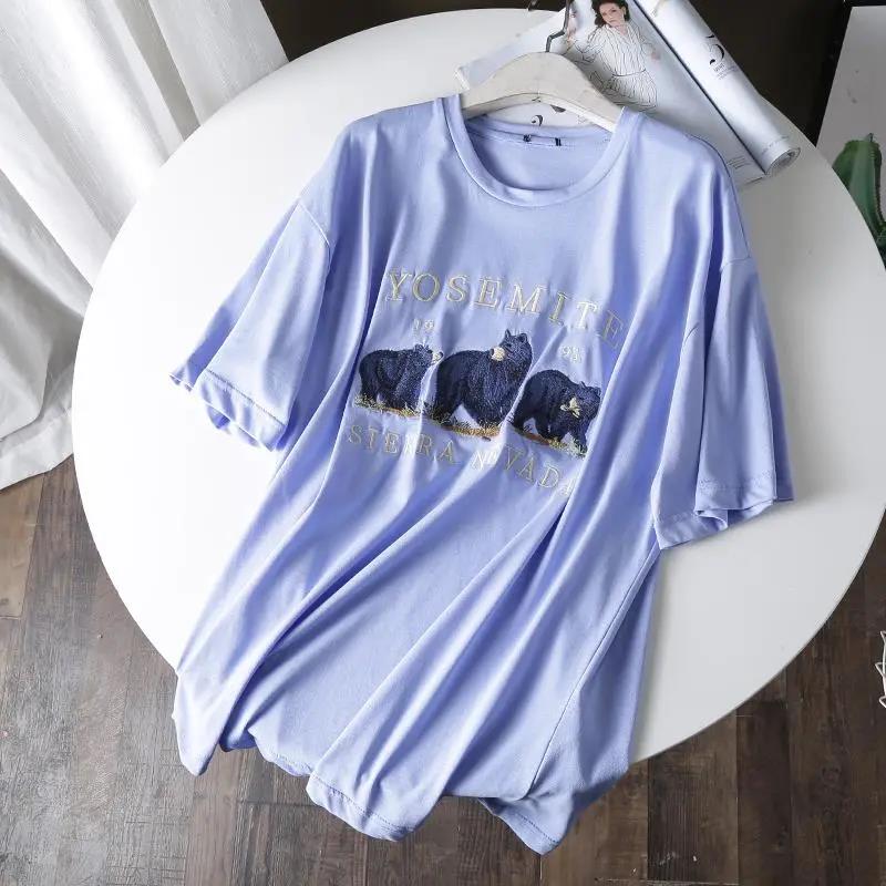 Little bear embroidery Cotton T -Shirt Women Tops Round Neck  Casual Tops Tee