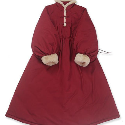 Winter Retro Furry Collar Padded Jacket Jacket Stand-up Collar Waist Padded Jacket Mid-length Red Padded Jacket Women Winter Thickening