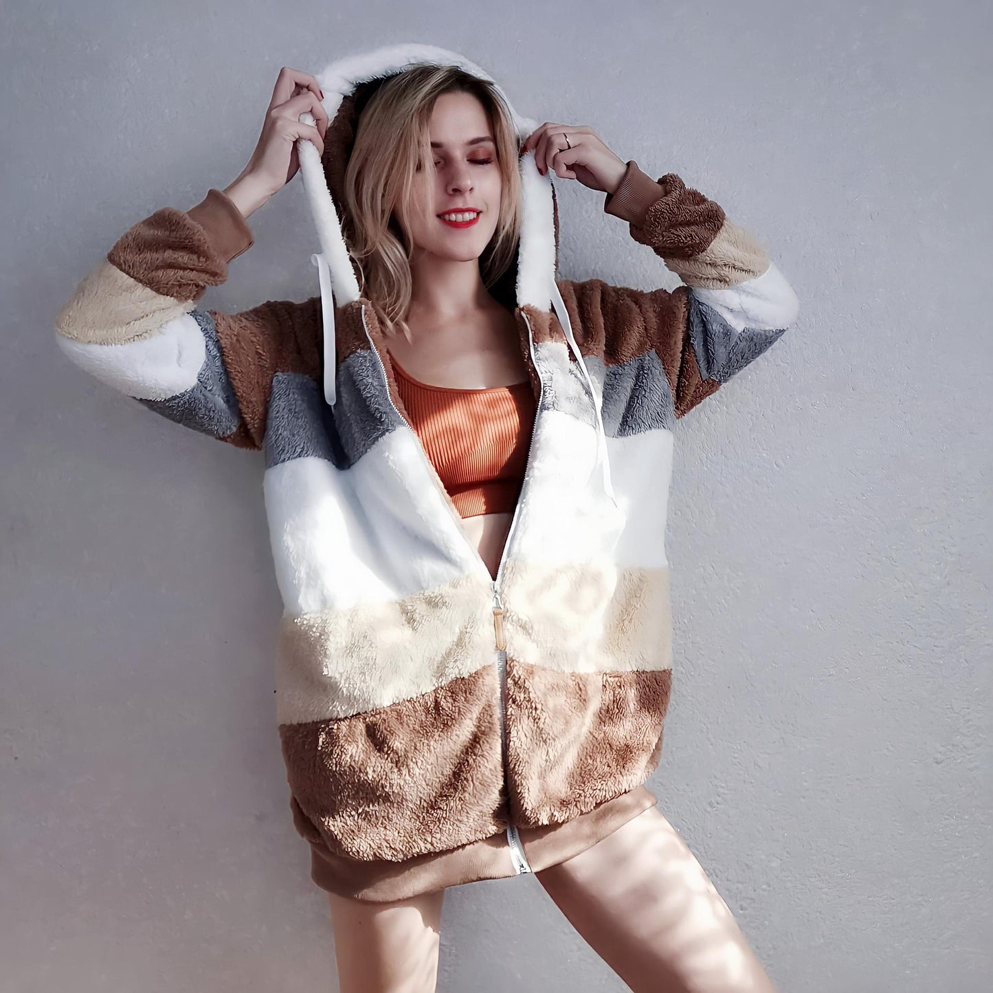 Women's Autumn and Winter Plush Warm Loose Hooded Jacket Plus Velvet Thick Women Multicolor Coat Girls Stripe Sleep Wear Big Size Plus Size S-5XL
