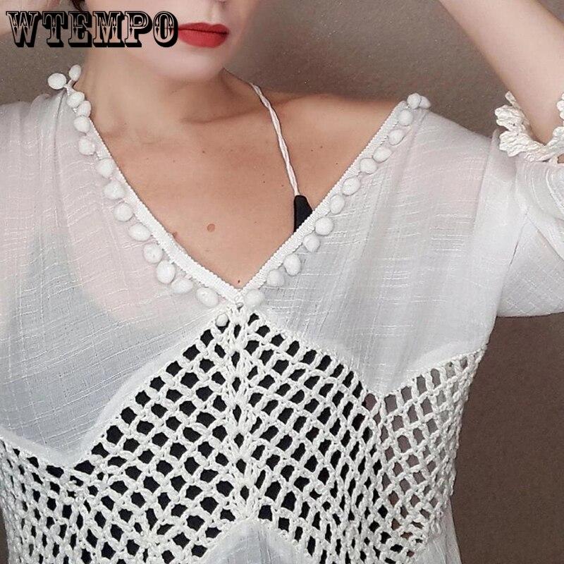 Hollow Out Beach Dresses Women Summer White V Neck Slit Lace Sexy Mini Dress Chiffon Loose Pullover