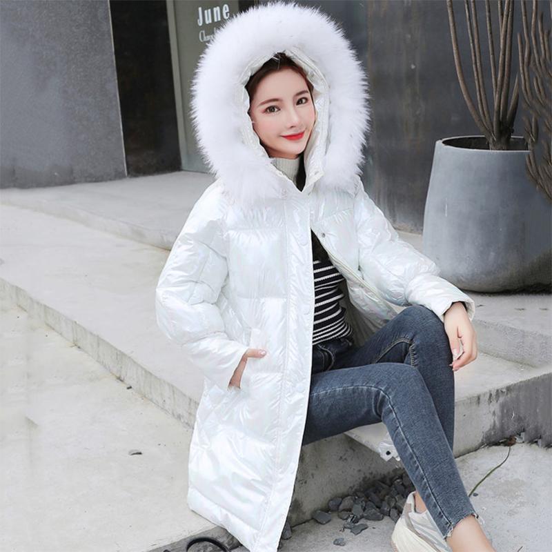 Women's Bright Face Hooded Down Jacket Mid-length Korean Loose Thick Coat Warm Cotton Coat Large Wool Collar Winter Quilted Coat