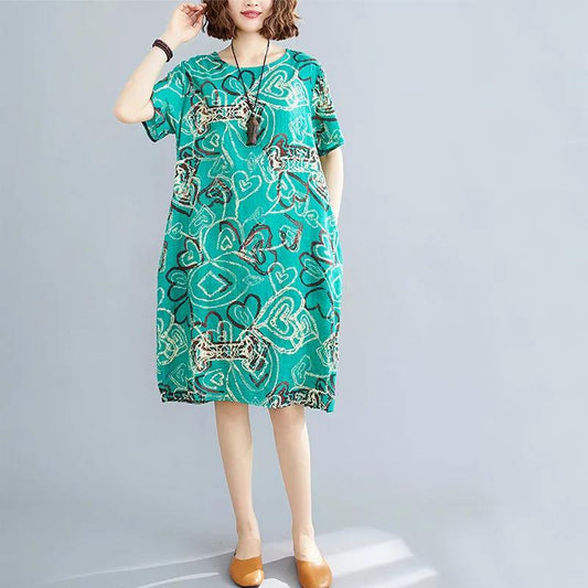 Women's Short Sleeve Dress Summer Loose Large Size Mid Length Round Neck Floral Skirt