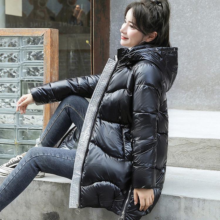 Women Thickened Bright Bread Down Parka Coat Loose Pink Silver Hooded