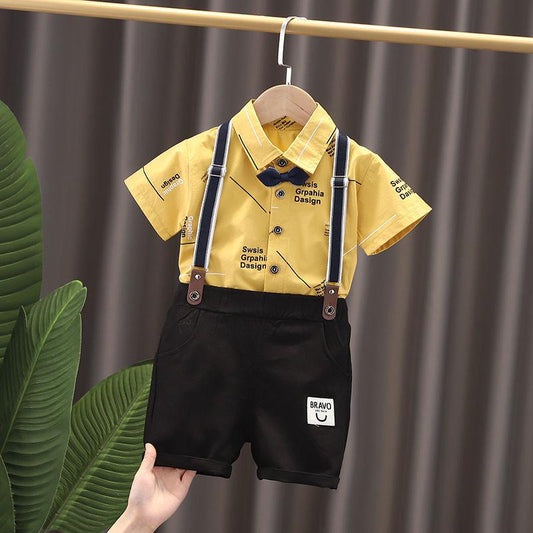 Korean Style Super Western Wedding Dress Boys Tide Clothes Suit Little Boy Short-sleeved Shirt Bib Two-piece Party