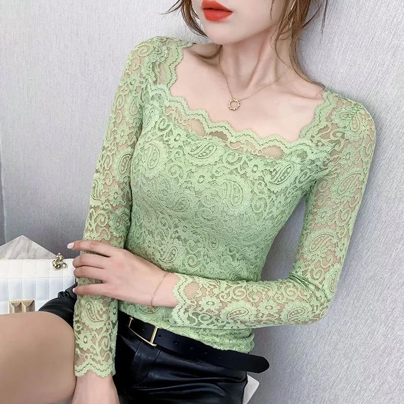 Women's Spring and Autumn Long Sleeve Lace Bottoming Shirt Square Collar Slim Top