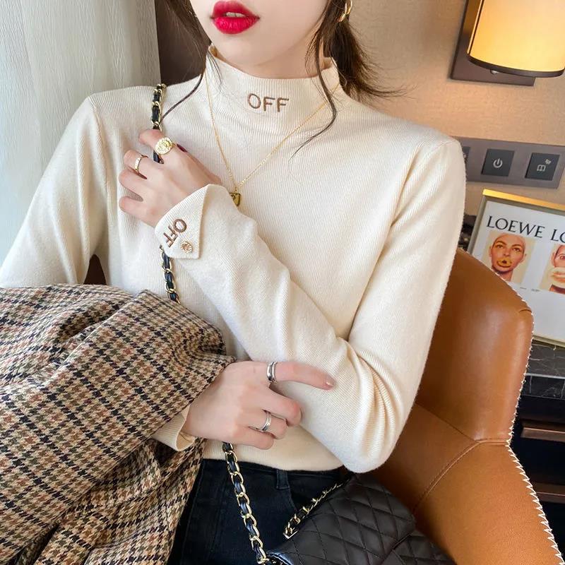 Women's Half Turtleneck German Velvet Bottoming Shirt Solid Color Letter Embroidery Slim Sweater