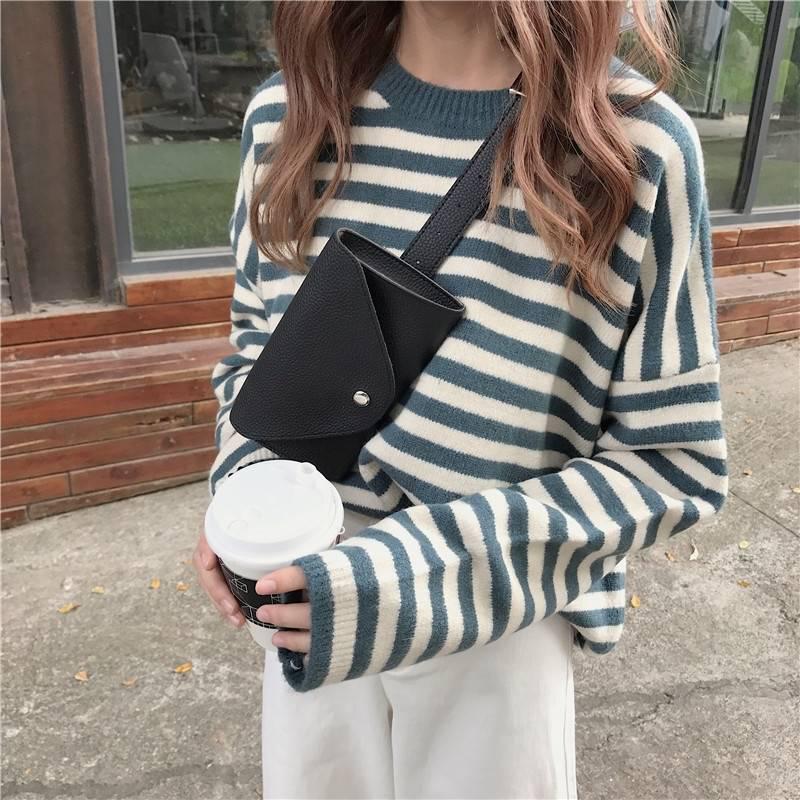 Net red long sleeve pullover striped sweater female autumn and winter wear loose sweater