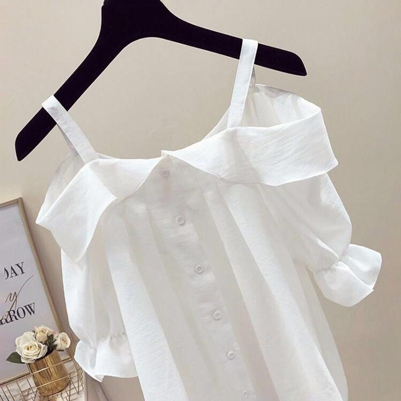 Sling One-shoulder Blouse Women's Ruffled Mid-sleeve Off-shoulder Shirt Chiffon Shirt Off-shoulder Sling Shirt Sweet and Cute