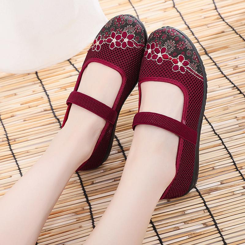 Old Beijing Cloth Shoes Women's Single Shoes Summer Mother Shoes Middle-aged and Elderly Breathable Mesh Shoes Flat Hollow Cloth Shoes