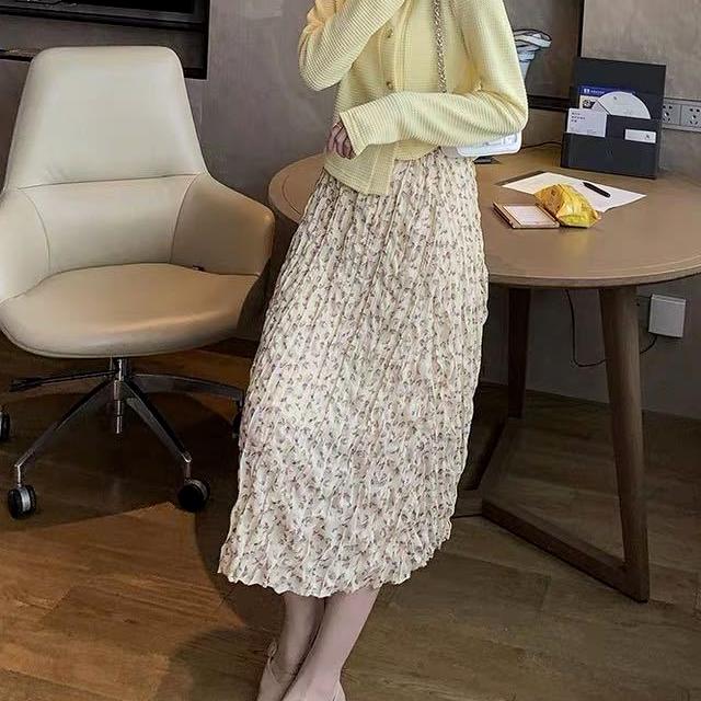 Long Skirt Summer Women's Korean Version of The Popular Elastic High Waist Floral Chiffon Skirt