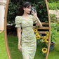 Women's Summer Long Dress Puff Sleeve Floral V-Neck Dress