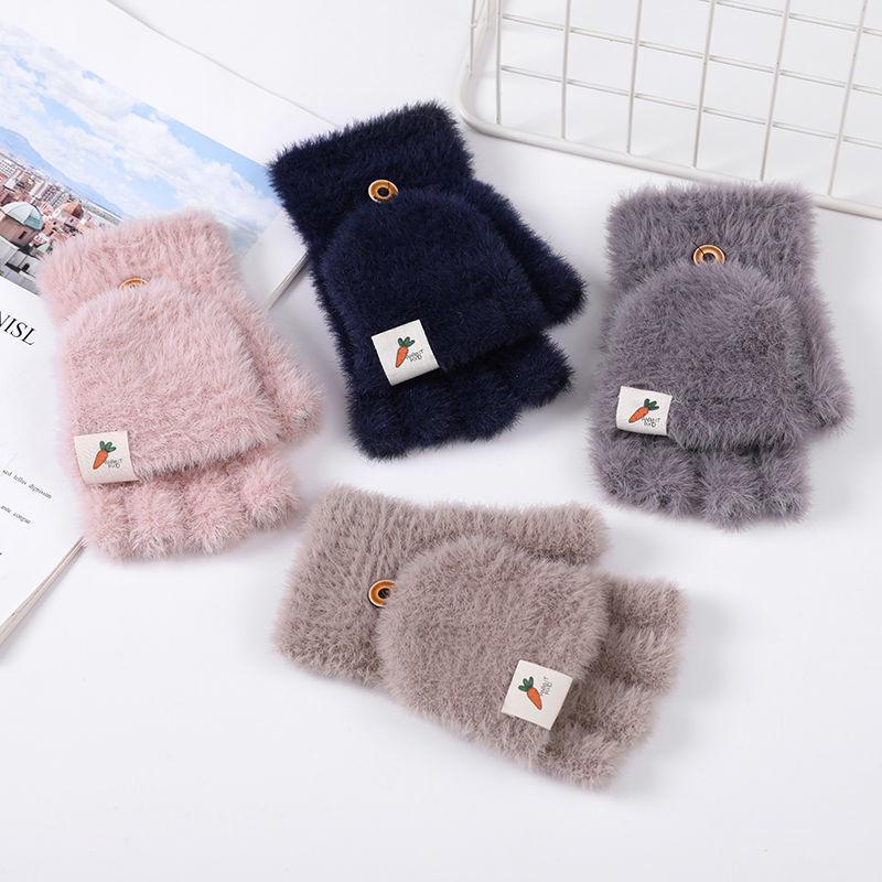 Plush Gloves Female Autumn and Winter Leaky Finger Warm Gloves Thick Clamshell Imitation Mink Nylon Half-finger Gloves