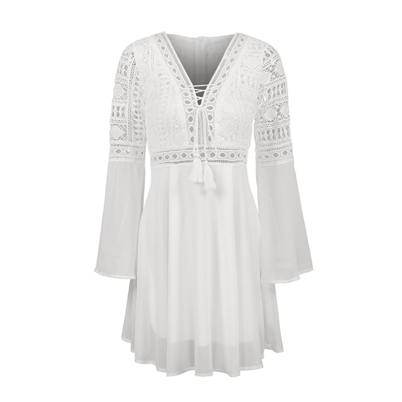 Sexy Women's Dress V-Neck Hollow Out Long Sleeve Mini Chiffon Dress Above Knee Elegant Boho Dress Casual Lace Vestido