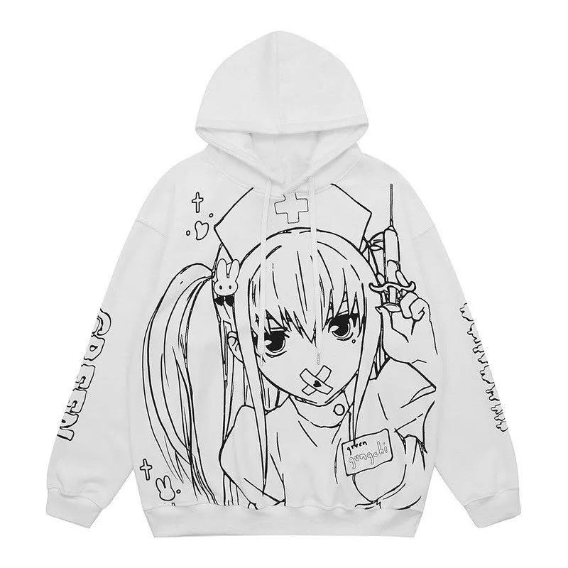 Women Hoodies Anime Graffiti Pullover Sweatshirts White Autumn Winter Hooded Tops Oversized Streetwear Hip Hop Harajuku Hoodies Sweatshirt Sport Shirt