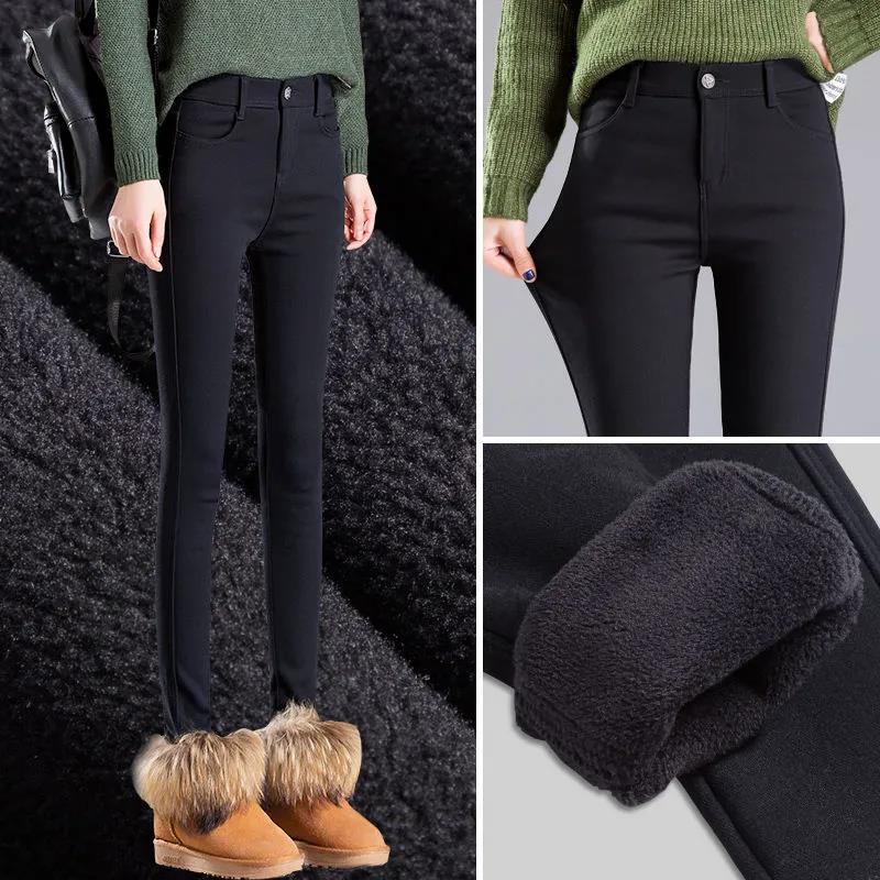 Plus Fleece Leggings Women's Plus Size Outer Wear Autumn and Winter High Waist Thin Black Pants Pencil Feet Solid Color Warm Pants