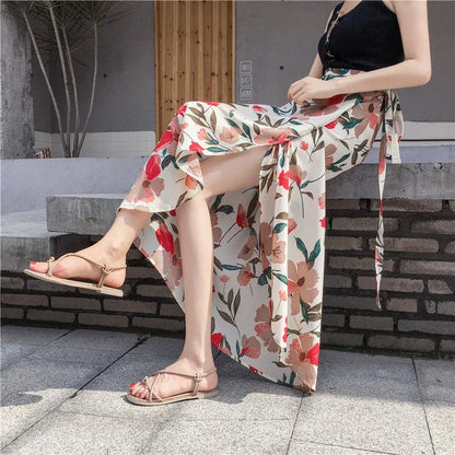 Women Boho Long Skirt Summer Beach Ladies Casual Skirts Floral Chiffon Tutu Skirt One-piece Skirt