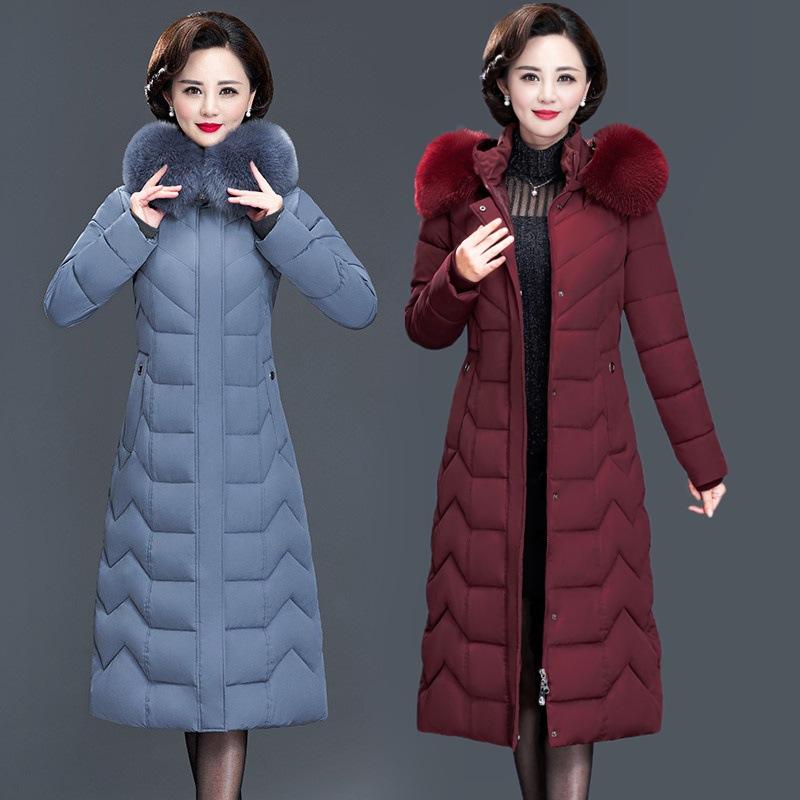 Women Plus Size Long Slim Down Coats Office Ladies Solid Warm Winter Jacket Hooded with Fur Collar Thick Cotton Padded Parkas Thickening Coats