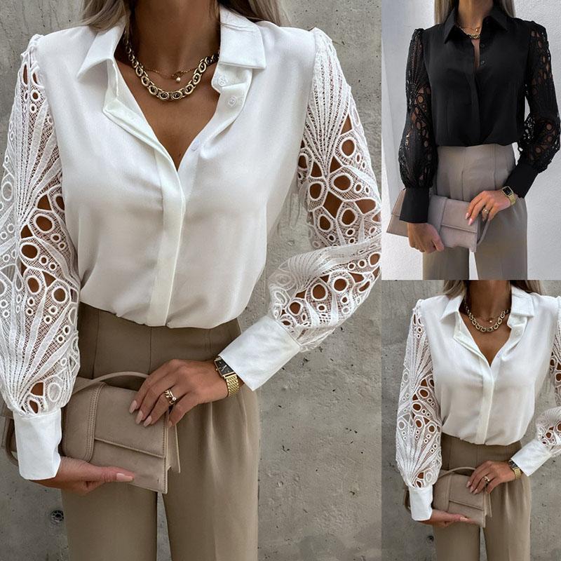Elegant Long Sleeve Shirts Women Lapel Button Office Lady Top White Women's Sexy Embroidery Hollow Out Lace Blouse Streetwear Temperament Summer Top