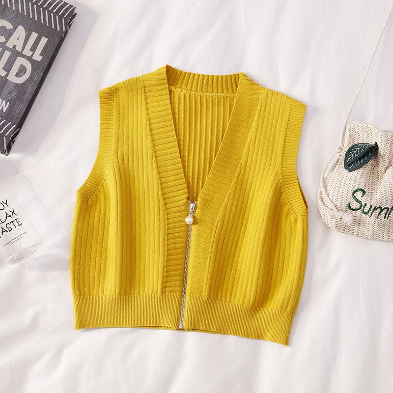 Women's Short Zipper Sweater Vest Autumn and Winter Korean Slim Sleeveless Sweater Sweater Vest Jacket