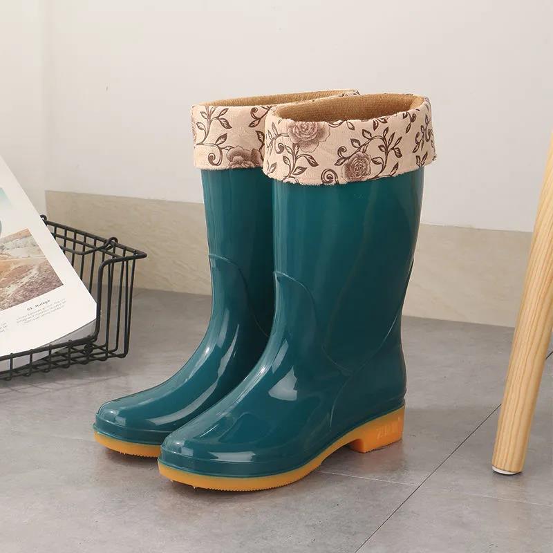 Autumn and Winter Rain Boots Female Adult Mid-tube Rain Boots Rubber Shoes Non-slip Plus Velvet Cotton Warm Waterproof Shoes