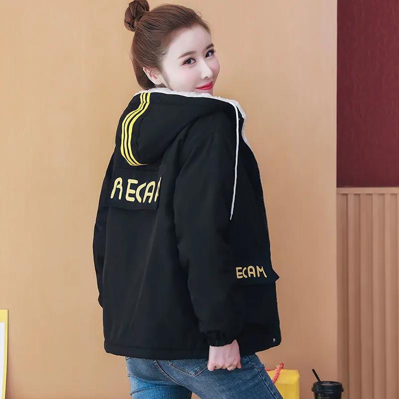 Winter Women's Cotton Jacket Korean Printed Short Parker Jacket Plus Fleece Thick Hooded Jacket