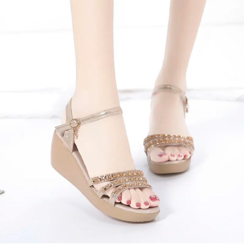 Wedge Heel Sandals Female Fairy Wind All-match Rhinestone Thick-soled Sponge Cake Medium-heeled Non-slip Flat Shoes Women