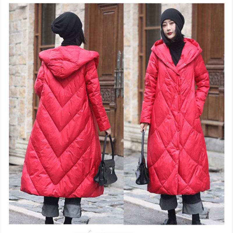 Long Down Jacket Winter Women's Art and Leisure Loose Hooded Jacket Large Size Thickened Warmth and Long Over-the-knee Jacket