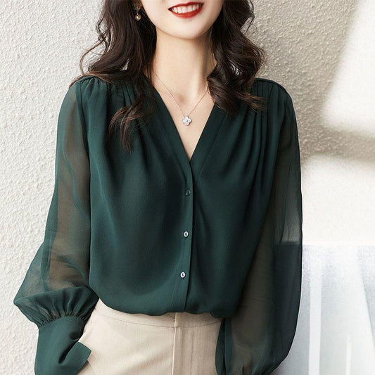 Long Sleeve Shirt Women's Loose Fashion Design Top Temperament Chiffon Shirt