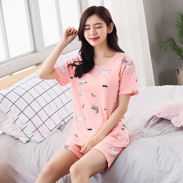 2Pcs/Set Cartoon Animal Women Sleepwear Short Sleeve Top Shorts Pajamas