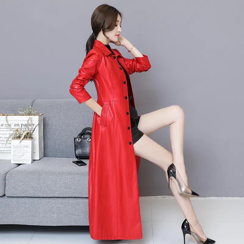 Winter Women's Leather Jacket Fashion Slim Long Section Over-the-knee Leather Jacket Thicken Warm Large Size Leather Jacket