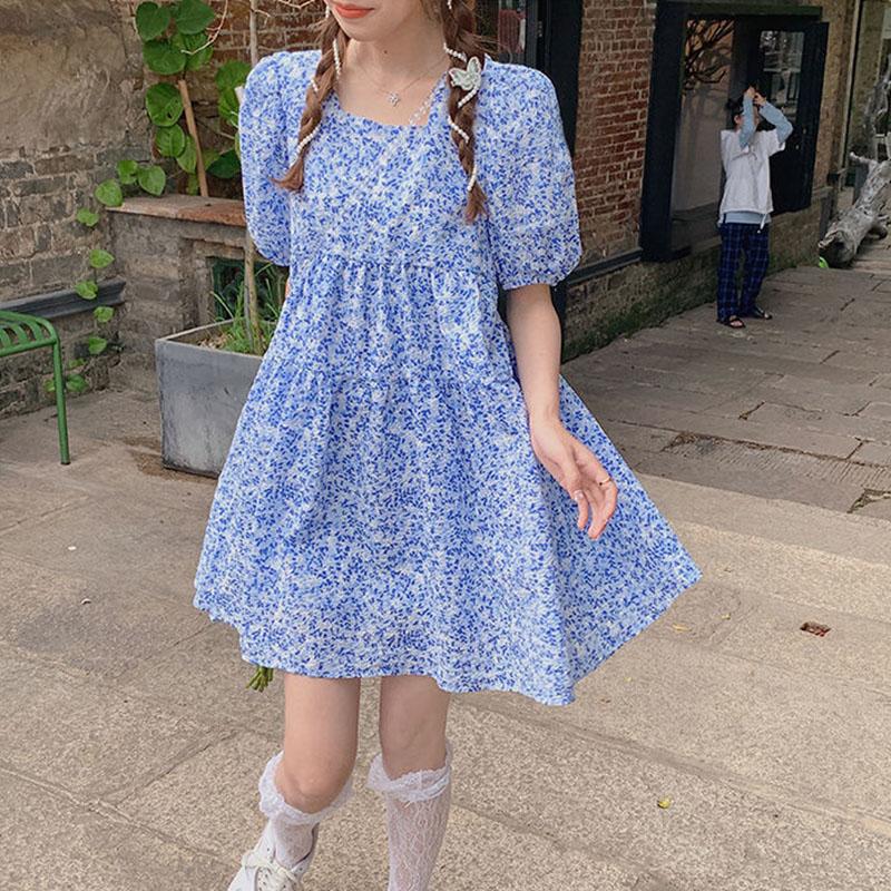 Women's Summer Dress Round Neck Floral Puff Sleeve Loose Skirt