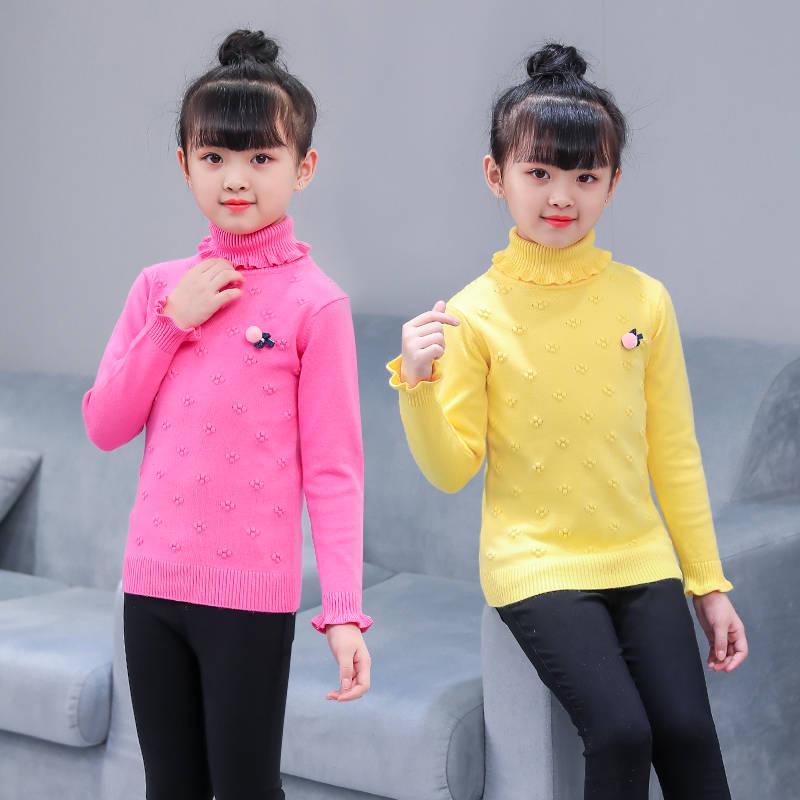Girl Sweater Plus Velvet Thick Autumn and Winter Solid Color Set High Collar Long-sleeved Big Children's Knitting Shirt