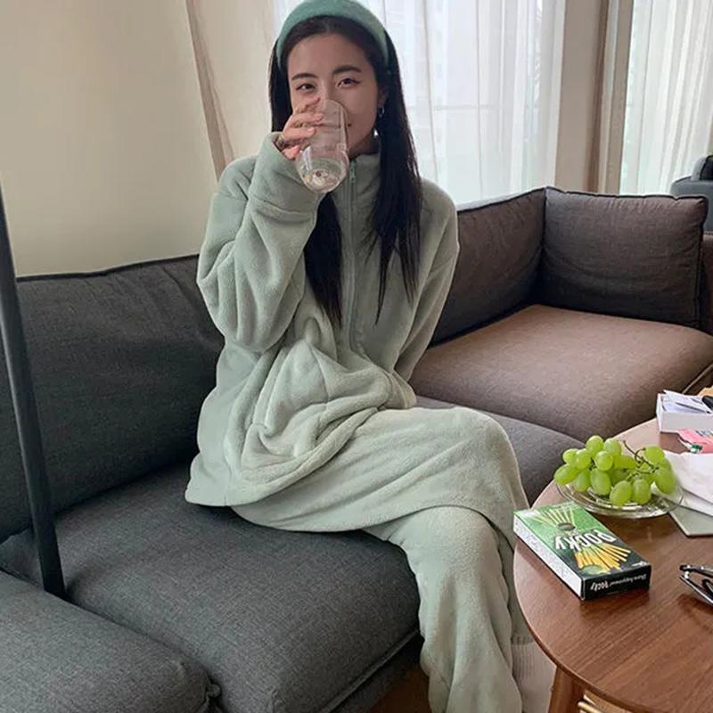 Women's Autumn Winter Out Wear Pajamas Set Coral Fleece Cardigan Zipper Pyjamas Solid Color Stand Collar Top Set Homewear Two-piece Set