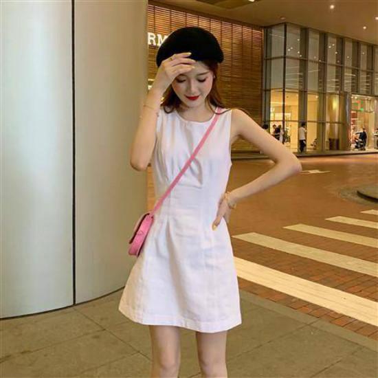 Sweet Sleeveless White Slim-fit Waist Skirt Girlish Rainbow Color Button A-line Short Dress