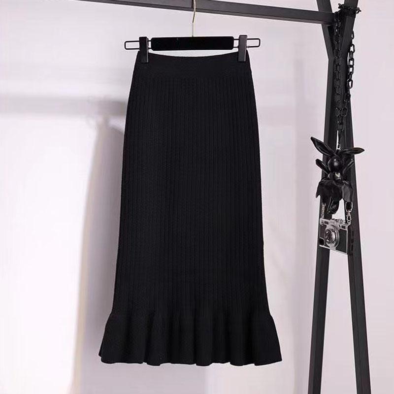 Skirts Womens Knitted Skirt Female Spring Hip Skirts Solid Color Mid-length Wool Skirt Stretchy Ruffled Mermaid Skirts