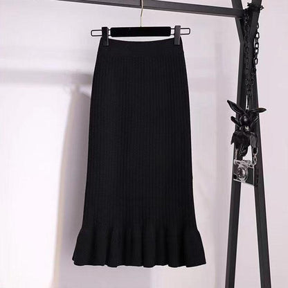 Skirts Womens Knitted Skirt Female Spring Hip Skirts Solid Color Mid-length Wool Skirt Stretchy Ruffled Mermaid Skirts