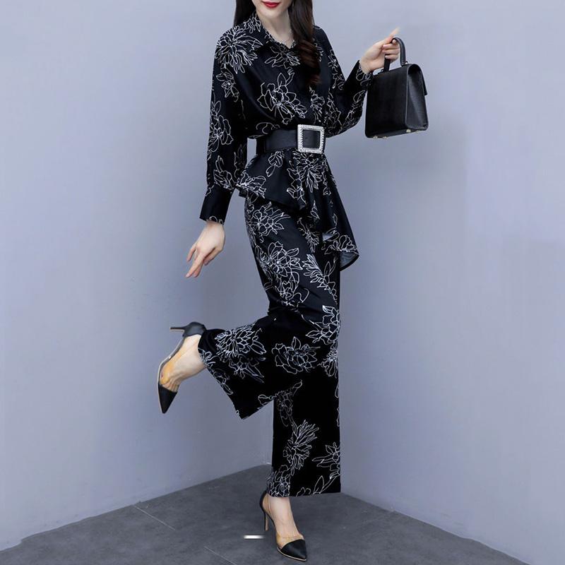 Temperament Wide-leg Pants Suit Women's Spring and Autumn Temperament Two-piece Long-sleeved Shirt + Loose Wide-leg Pants