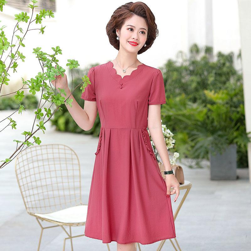 XL-XXXXXL Plus Size Polyester Short-sleeved Dress Summer Knee-length A-line V-neck Ruffle Pocket Skirt