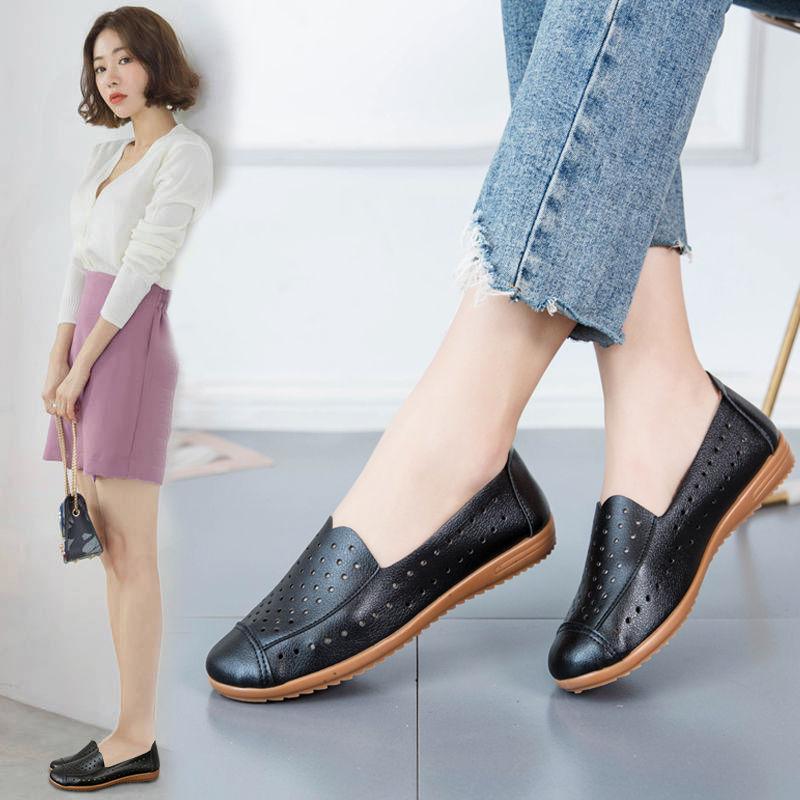 Spring Summer Women's Hollow Sandals Flat Non-slip Set Foot Leather Shoes Casual Beef Tendon Soft-soled Shoes