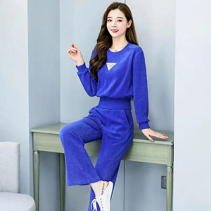 2PCS Women's Sweater Suit Spring Long Sleeve Pullover Sweater + Casual Wide Leg Pants Two Piece Set Ladies Waist Temperament Sports Suit