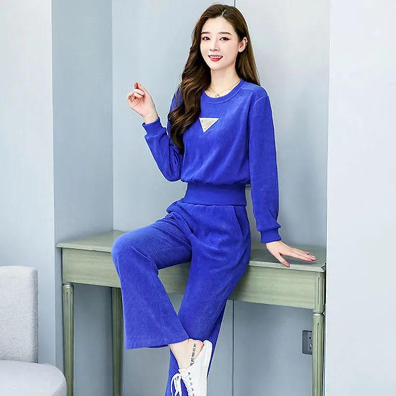 2PCS Women's Sweater Suit Spring Long Sleeve Pullover Sweater + Casual Wide Leg Pants Two Piece Set Ladies Waist Temperament Sports Suit