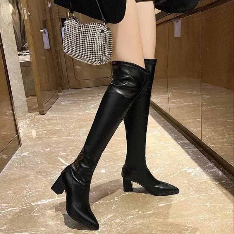 Over-the-knee Boots Women's Pointed Toe Leather Boots Autumn and Winter High-heeled Thick Heel Stretch Stovepipe Boots
