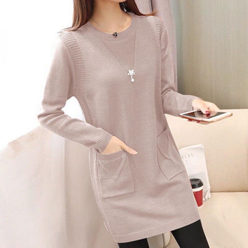 Lazy Style Slim-fit Sweater Women Loose Autumn and Winter Mid-length Knitted Bottoming Shirt Solid Color Round Neck Warm Sweater
