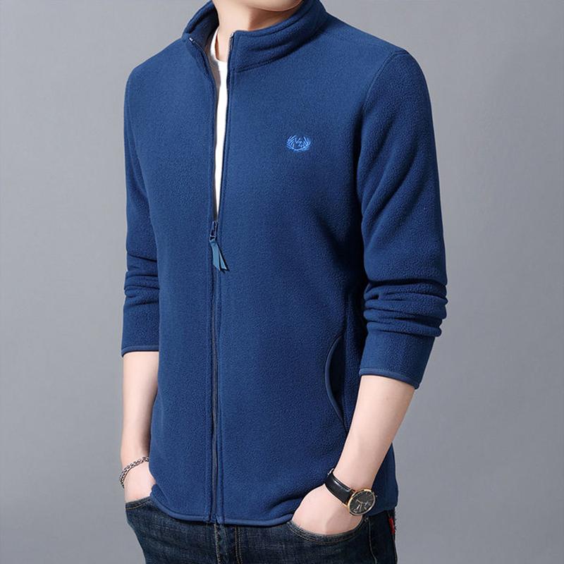 Men's Stand Collar Fleece Jacket Long Sleeve Warm Casual Jacket Double Sided Fleece Solid Color Cardigan Soft Fabric Zipper Jacket